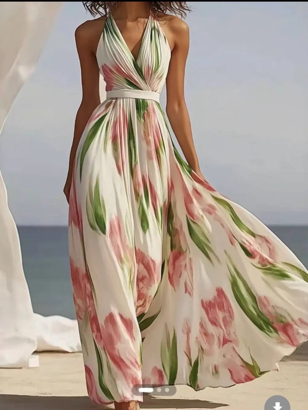 Elegant White Floral Halter Maxi Dress with Pink & Green Accents